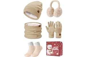 PASUDA 5pcs Ensemble Hiver Femme 5 en 1 Bonnet Echarpe Gant Tricoté Chaud Écharpe de Doublure Polaire Gants d'écran Cache-Oreilles Chaussettes Thermiques Pour Ski Sports Extérieur