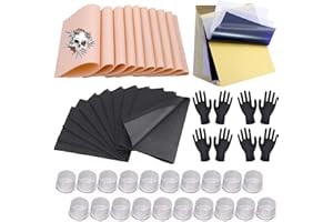 Unihuby 85pcs Kit de Piel Sintética para Tatuaje, 10 Piel Sintética Tatuajes 10 Stencil Tattoo Papel 10 Baberos Dentales 50 Tazas de Tinta de Tatuajes 5 pares de Guantes