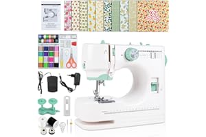 AISCHENS Machine à Coudre Électrique Portable avec Pied à Double Aiguille Amovible, 12 Points Réglables, Kit Complet (20 Tissus Fleuris, Pédale & 60+ Accessoires) pour Débutants, DIY et Réparations