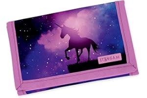 itenga Kinder Geldbörse - Geldbeutel und Brustbeutel - mit Klettverschluss, Kordelband, Geldscheinfach und Münzfach Sichtfenster für Mädchen und Jungen (Motiv magisches Einhorn)