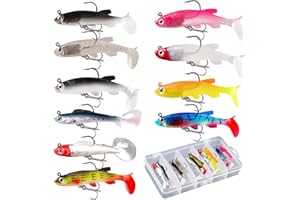 Elepl 10 Pièces Leurre Souple Carnassier Leurre Peche Mer Kit pour Carpe Brochet Truite Bar Leurres Souples avec T-Tail Articles de Pêche en Silicone pour Pêche en Eau Douce et en Mer