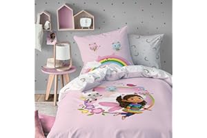 OMYDREAM Gabby ET LA Maison Magique Garden Parure de lit Enfant 1 Personne | 100% Coton | Oeko-TEX | Housse de Couette 140x200 cm + 1 Taie d'oreiller 63x63 cm | Imprimé Réversible Fille | Rose
