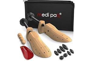 MEDIPAQ Shoe Stretchers for Men & Women – 2x Two-Way Adjustable Wooden Shoe Trees with Cedar Balls & Storage Bag - Available with Stretching Spray Set