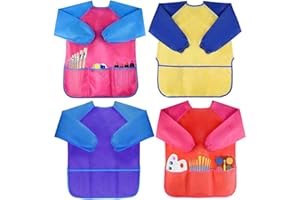 Amaza 4Pcs Grembiule da Pittura Bambini Impermeabile per 2-8 Anni,con 3 Tasche, Grembiule per Pittura Bambini, Grembiule Pittura Bambini, Grembiule Pittura Asilo per Pittura, (Giallo,Rosa,Blu e Rosso)