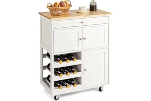 COSTWAY Carrello da Cucina, con Portabottiglie Tre Ante e Ruote, Credenza Cucina in Legno di Pino e MDF, Ideale per Soggiorno, 67 x 37 x 86 cm (Bianco)