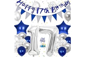 Hierein 17th Birthday Decorations, Blue Silver Birthday Balloons Party Decoration With 17th Banner, Cake Toppers and Triangle Flags, 17th Blue Party Decoration for Him