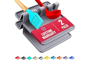 COOLER KITCHEN Silicone Spoon Rest for Stove Top with Drip Pad (Two Pack) - Heat Resistant, BPA Free Utensil Rest & Spoon Holder for Kitchen Counter - Grill Utensil Holder for Spatulas, Tongs, Ladles (Grey)