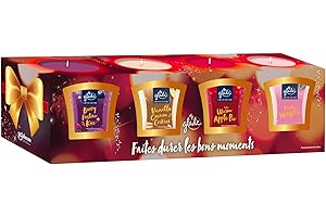 Glade Coffret Bougies de Noël - Edition Limitée – 4 parfums inédits Infusés aux Huiles Essentielles - Sans Huile de Palme - Cadeau pour Femme – 4 Bougies X 27 heures de combustion
