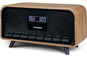 THOMSON Radio-réveil Vintage et Enceinte Bluetooth, Radio FM, Port USB de Charge, AUX, Design Bois Élégant, Double Alarme, Horloge Numérique - RT850BT