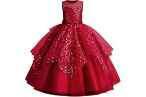 IDOPIP Robe Enfant Fille Mariage Dentelle Tulle sans Manches Broderie Perles Bow Demoiselle d'honneur Anniversaire Partie Princesse Longue Robe De Bal Soirée