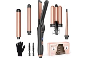 BESTOPE MIX Lockenstab Hair Curler mit Glätteisen, Lockenstab 3 Fässer antistatische Keramik Welleneisen für Haare mit einstellbarer Temperatur Schnelle Erwärmung Rose Gold 5 in 1