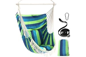 Chihee Krzesło Wiszące Hamak Max 227 kg - 2 Poduszki, Stalowy Pręt Rozprzestrzeniający z Rowkami Antypoślizgowymi, Przenośne, Boczna Kieszeń, Duże Boho Makrama