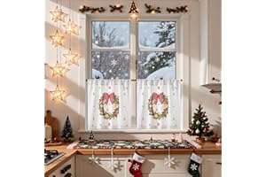‎VANGAO Vangao Scheibengardinen Modern Weihnachten Deko küche Christmas Bistrogardine 2er Set 60Hx65Bcm Bedruckt Weihnachtskranz Gardinen Kurz mit Stangendurchzug lichtdurchlässig Landhausstil, Rot und Grün