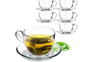 KADAX Szklana filiżanka z podstawką, 200 ml/250 ml, zestaw przezroczystych filiżanek szklanych, filiżanki do herbaty, filiżanki do kawy, filiżanki ze spodkami, filiżanka szklana z podstawką (Lea/6