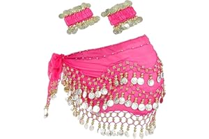 SAMHENG Bauchtanz Hüfttuch mit Armband, 128 Münzen Bauchtanz Rock Wrap Gürtel mit Handgelenk Knöchel Armbänder, Tanz Rock Gürtel Taille Kette für Bauchtanz, Zumba oder Yoga-Klasse, Performance-Kostüm