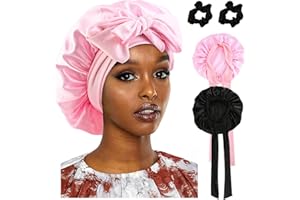 ‎RVLZKCPG 2 Stück Seidenhaube zum Schlafen, Silk Bonnet mit 2 Haargummis, Schlafmütze Bonnet Sleep Cap, Einstellbar Schlafhaube Seide, Breite Satin Haarhaube für Die Nacht für Damen Mädchen (Schwarz, Rosa)