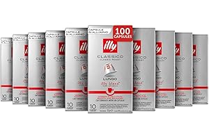 illy, Cafè en Capsules Compatibles en Aluminium CLASSICO Lungo, 100% Arabica avec des Notes de Fleur d'Oranger et de Jasmin, Goût Doux, 10 Paquets de 10 (100 Capsules au Total)