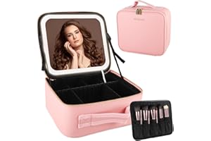 DaizySight Bolsa de Maquillaje de Viaje con Espejo de luz LED, Organizador de cosméticos de Gran Capacidad, Estuche de Viaje para Maquillaje con Compartimento Ajustable, Rosa, Moda