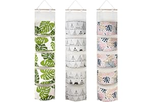 VASZOLA 3Pcs Linen Fabric Wall Closet Hanging Storage Bag with 5 Pockets, Waterproof Over The Door Closet Organizer, Multifunctional Wall Hanging Storage Bag for Bedroom Bathroom (House/Leaf)