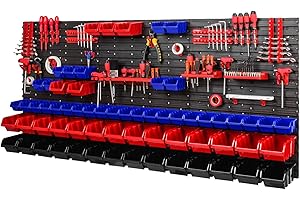 PAFEN Scaffale da officina 1728 x 780 mm – Scaffale da parete con supporto per attrezzi e 64 scatole impilabili – Piastre da parete per scaffali (rosso/blu/nero)