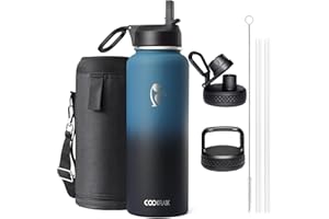 Coolflask 1180ml Insulated Water Bottle with Straw & 3 Lids, Metal Water Bottle for Sports or Office, Double Vacuum Leak Proof Cold and Hot Water Bottle, Easy to Clean, Indigo Black