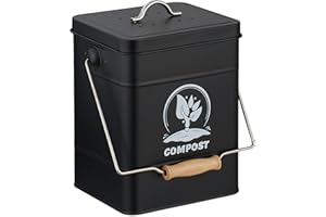 Relaxdays Compostera Cocina 6 L con Tapa y Filtro Olores, Cubo Compostaje Basura Orgánica, Acero Inoxidable, Negro