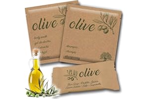 GPQ - Confezione OLIVE Amenities Hotel | Kit gel doccia + shampoo + saponetta | 100 pezzi x 3 Prodotti | Senza Parabeni | Appartamento, B&B, Casa Rurale, Viaggio, Ospiti | Prodotto nell'UE