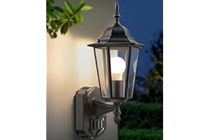 Lamomo Outdoor Wall Lights, Motion Sensor Outside Lights Mains Powered, Waterproof Aluminium PIR Security Light, Traditional Black Lamp for Front Door, Porch