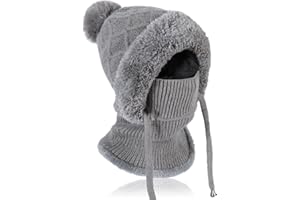 TAGVO Gorro de Punto para Mujer Invierno, Gorro Beanie con Forro Polar Caliente y Calentador De Cuello, Gorro De Punto Flexible con Bola De Pelo Thermo Pasamontañas para Mujer al Aire Libre