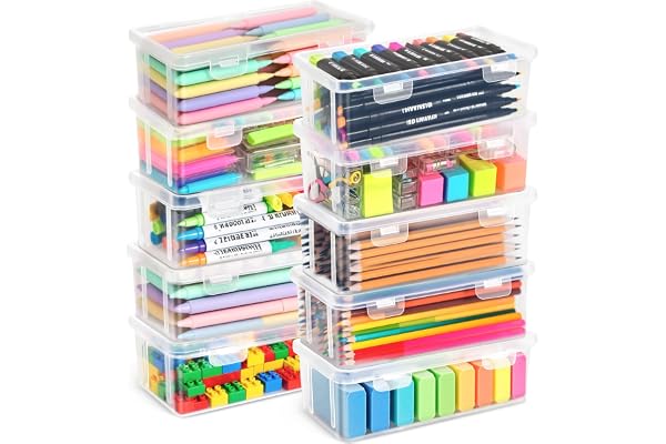 TEBOKHAD Förvaringslåda för kontorsmaterial, plast, pennlåda med snäpptätt lock, stapelbar, för brevpapper, dokument, pennor, små verktyg, BPA-fri, arrangör (M)