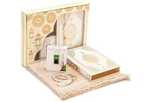 ihvan online Prayer Gift Box for Hajj and Umrah, Prayer Rug, Beads, Holy Quran, Deluxe Set for Ramadan & Eid Gift, White/Set 2