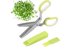 AMDZGLB Tijeras para Hierbas de Acero Inoxidable 5 Hojas Tijeras de Cocina con Tapa de Seguridad para Hierbas Aromáticas Perejil Cebollino Cebolla Albahaca Ajo Vainilla