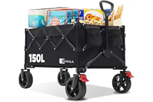 SUNULA Bollerwagen Faltbar Tragkraft 120KG, Klappbarer Handwagen mit EIN-klick-Handgriff & 4-seitig zusammenfaltbar, Geländegängig Räder mit Bremsen 150L, Schwarz