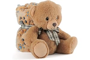 PERLETTI Manta Bebé Suave y Cálida con Osito de Peluche - Muselina para Niño y Niña 0 1 2 3 Años Colorida con Lazo - Doudou para Niños Niñas Marrón con Muñeco y Estampados - 120x80 cm (Oso)