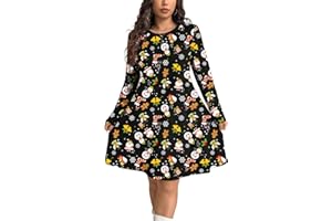 NetSetUK Women's Novelty Skater Christmas Print Dress Round Neck Casual Swing Dresses for Ladies Plus Size