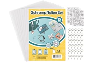 Sweelov Lot de 15 feuilles de film thermorétractable avec 30 anneaux porte-clés A4 film plastique rétractable avec motifs transparents pour travaux manuels