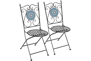 RELAX4LIFE Mosaic Chairs Set of 2, Folding Bistro Chairs with Lattice Seat, Outdoor Metal Dining Chair for Patio, Balcony, Garden and Backyard (Blue, Floral Pattern)