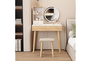 YU YUSING Tocador de Maquillaje con Espejo LED y Taburete Tapizado, Mesa de Maquillaje con 3 Cajones 2 Estantes, Iluminación Regulable, Tocador de Dormitorio, Moderno, Color Madera, 80x40x129 cm