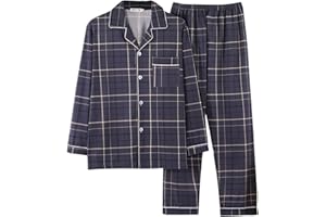 vejtmcc Pijama de hombre largo de algodón para hombre, chaqueta clásica con botones, diseño a rayas, pijama de hospital con botones, conjunto largo y cálido de invierno