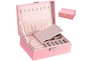 HILEYU Joyero de 2 capas de piel sintética para mujeres, niñas, adolescentes, hombres, caja organizadora de joyas, caja de almacenamiento de joyas con cierre separador extraíble para pendientes