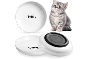 Wellbro Ceramic Cat Bowls, 3 Pcs Whisker Friendly Shallow Food Water Bowls, Kitten Dishes with Non-Slip Silicone Base‌ (Deeper-3 PACK)