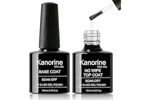 Kanorine Gel Nail Polish Base Coat and No Wipe Top Coat Set, 2×10ml Shine Finish and Long Lasting,Cruelty Free,Vegan,Soak-Off UV LED Nail Lamp Gel Base Top Coat Nail Art Design Manicure