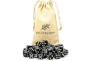 Waldfelsen 6, 12, 20, 30 oder 50 hochqualitative Würfel Standardgröße 16 mm Acrylwürfel Knobel Spielwürfel Dice 6-seitig sechsseitig Spielzubehör Set mit Stoffbeutel (Schwarz, 50 Stück)