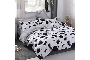 ‎OMELA Omela Kuh Bettwäsche 140x200 Kinder Jungen Schwarz Weiß Kuhmuster Bettbezug Kinderbettwäsche Set Microfaser Schwarz Weiss Kariert Wendebettwäsche mit Kopfkissenbezug 70x90 cm Reißverschluss