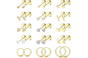 FIOROYAL 15Pairs Stud Earrings for Women Surgical Steel Hypoallergenic Earrings 14K Gold Plated Flat Back Earrings Set Tiny Ball Pearl Moon and Star Earrings Helix Cartilage Hoop Earrings for Women Girls