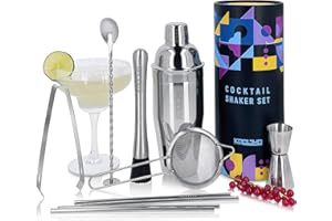 KOOLTHO Kit Cocktail Barman Professionale Completo, Idee Regalo Donna Uomo Originale, Set Shaker Cocktails Aperitivo Misurino Bar Spoon Pestello Setaccio Pinze Cannucce Acciaio Scatola Personalizzabile