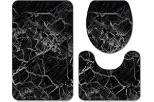 Stillshine. Juego de Alfombras de Baño Tapete de Baño Antideslizante Tapa de Inodoro Juego de Tapetes de Baño de 3 Piezas,3D Mármol Patrón Negro Blanco Rosado Color Crema (Negro,50×80 cm 3PCS)