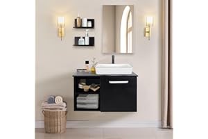 YU YUSING Badmöbel Set Waschbeckenunterschrank Badezimmerschrank mit Waschbecken Unterschrank Spiegel, Badezimmermöbel mit Waschtisch, Spiegelschrank, 2 Wandregale, Wasserhahn Set (Keramikbecken Weiß)