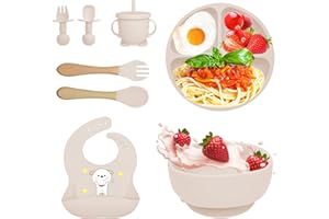 Bizcasa Set Pappa per Bambino, 8 Pezzi, Set Pappa Svezzamento per Bambini in Silicone, Senza BPA, Set di Posate per Bambini Antiscivolo con Ventosa Piatto Ciotola Tazza Bavaglino (Beige)