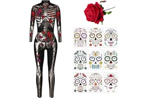 Ansamy Disfraz Esqueleto Mujer, Traje Esqueleto Halloween para Mujer, Mono Esqueleto Halloween Carnaval para Adultos Mujer